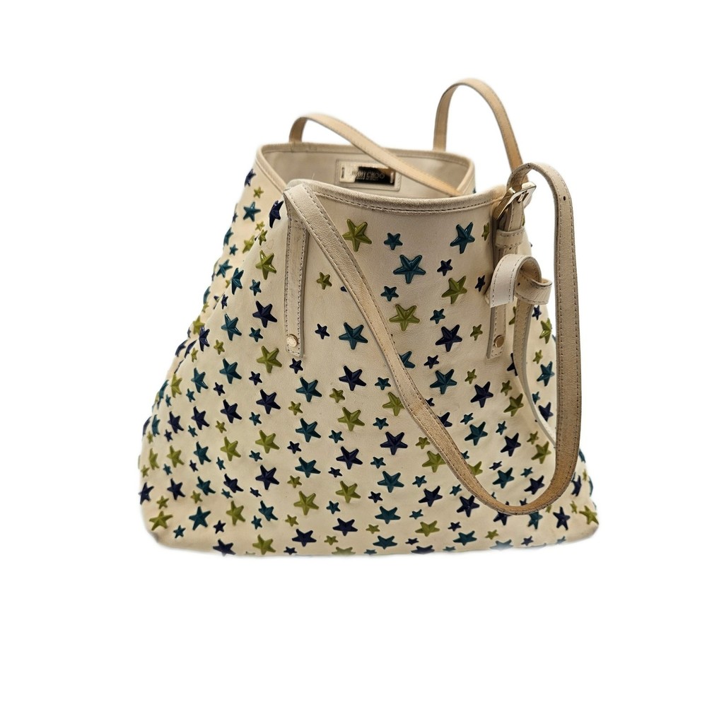 💯Authentic Jimmy Choo Sasha S Leather Tote in Ivory w/ Multicolored Stars
